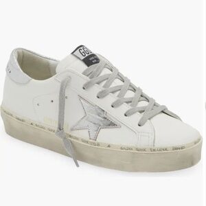 Golden Goose White Leather Sneakers with Silver Star and Gray Laces